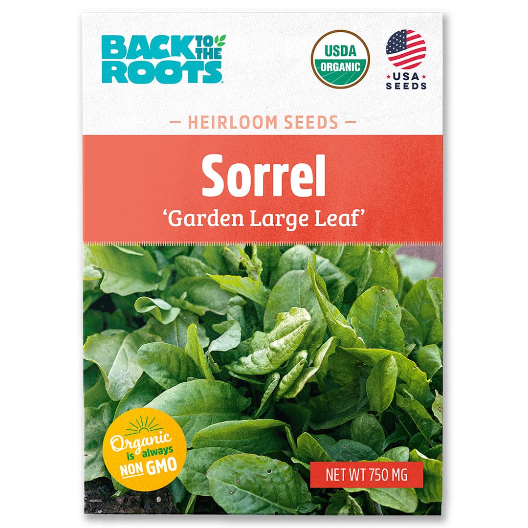 Back to the Roots Organic Sorrel Seeds—'Garden Large Leaf'—offer vibrant, lemon-flavored leafy greens rich in vitamin C; these seeds are organic, non-GMO, USA-grown, and perfect for your garden.