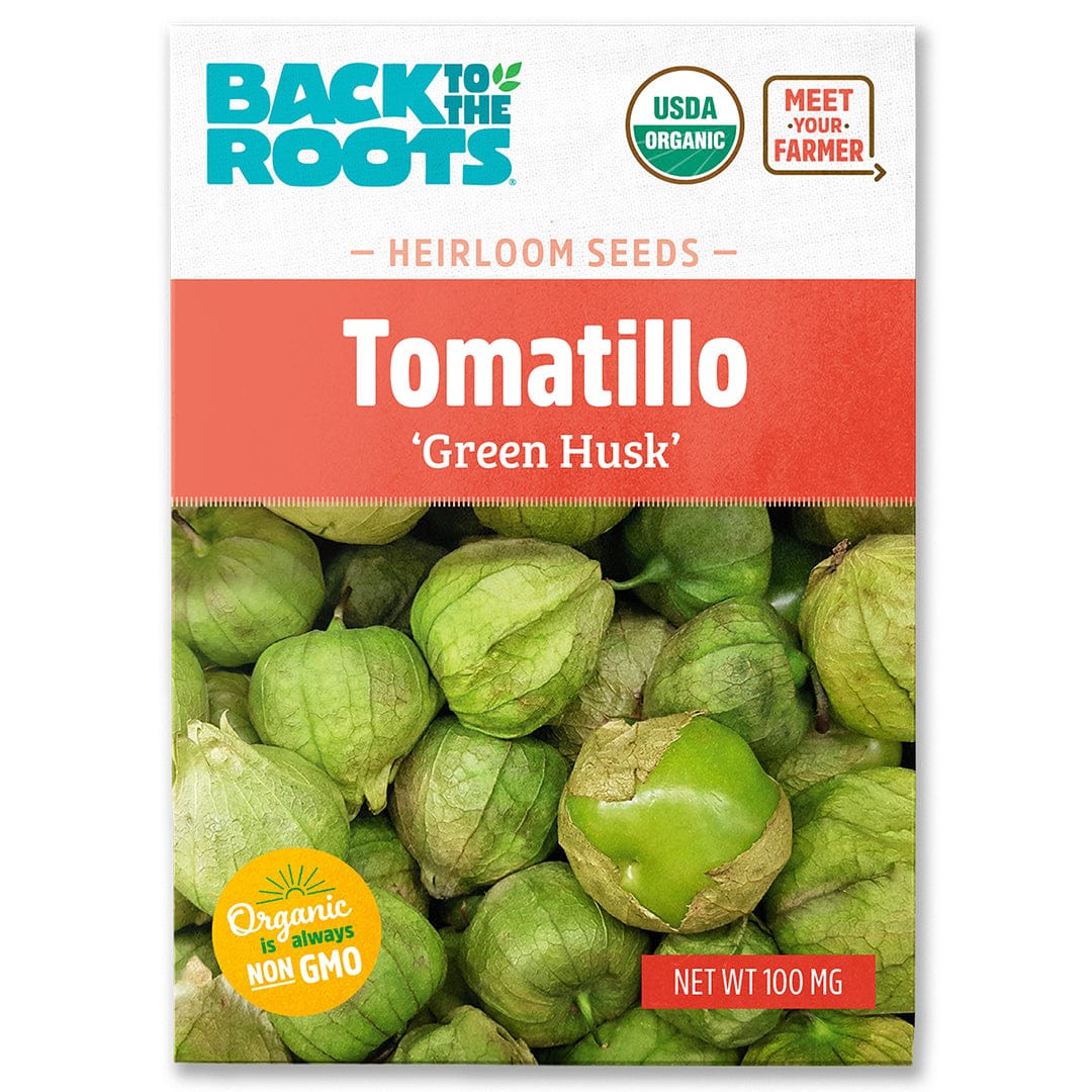 Packet of organic Tomatillo seeds featuring green husked fruits on front with USDA organic and non-GMO labels. - Organic Tomatillo Seeds — 'Green Husk' - Default Title - Back to the Roots