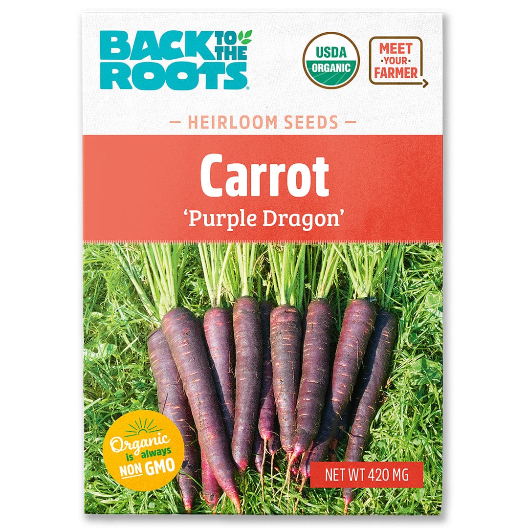 Packet of USDA organic Purple Dragon carrot seeds with image of deep purple carrots on green foliage background. - Organic Carrot Seeds — 'Purple Dragon' - Default Title - Back to the Roots