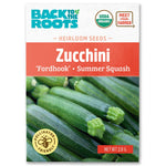 Organic zucchini seed packet labeled "Fordhook" summer squash with green zucchinis on front. - Organic Zucchini Seeds — 'Fordhook' • Summer Squash - Default Title - Back to the Roots