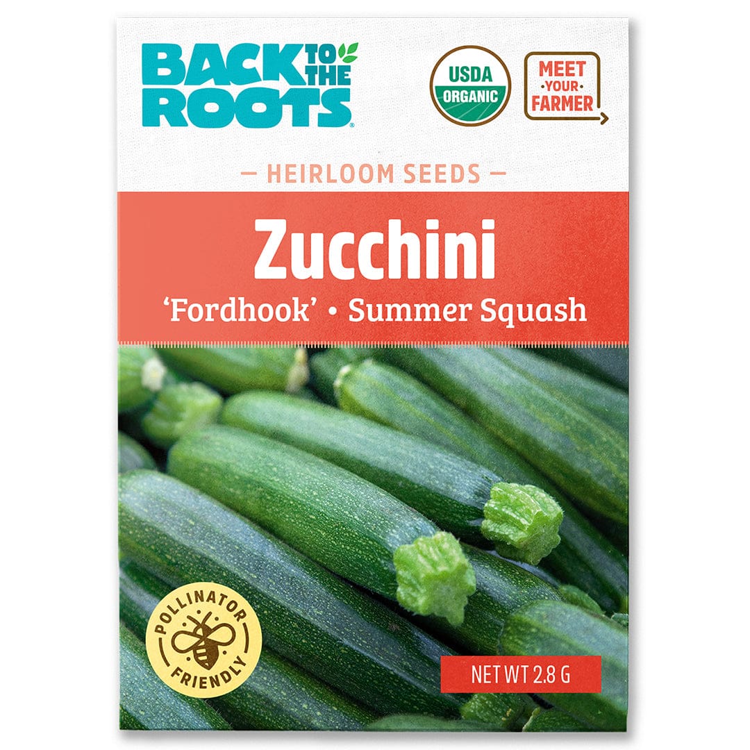 Organic zucchini seed packet labeled "Fordhook" summer squash with green zucchinis on front. - Organic Zucchini Seeds — 'Fordhook' • Summer Squash - Default Title - Back to the Roots