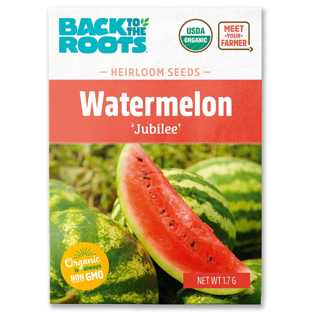 Pack of organic watermelon seeds featuring a red watermelon slice with black seeds on a background of whole green striped. - Organic Watermelon Seeds — 'Jubilee' - Default Title - Back to the Roots
