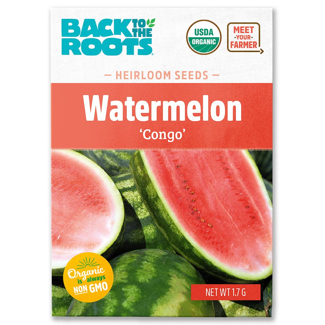 Organic Watermelon Seeds packet featuring watermelon slices with vibrant red flesh and green rind on front. - Organic Watermelon Seeds — 'Congo' - Default Title - Back to the Roots