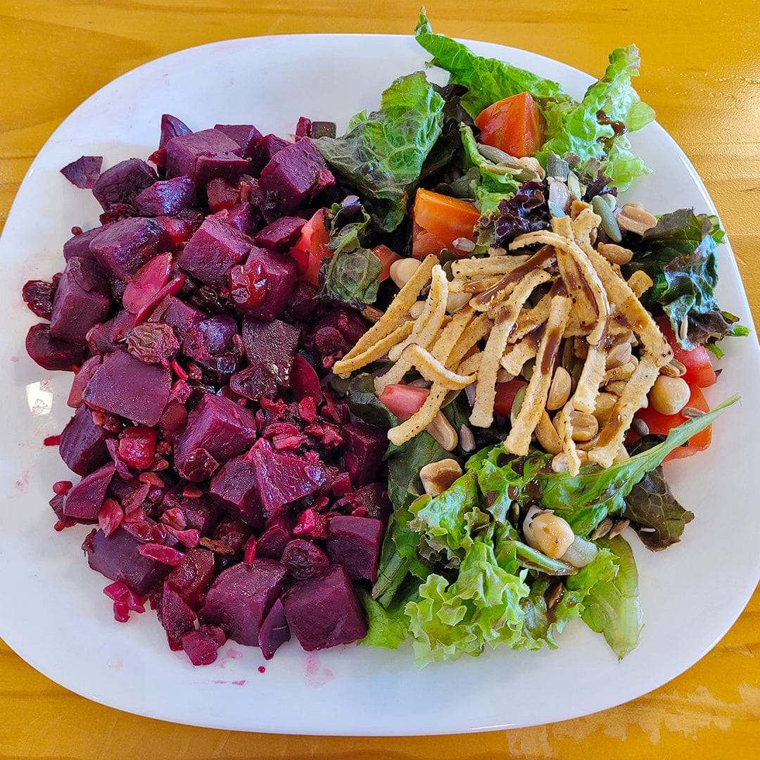 White plate with cooked diced deep red beets and fresh green salad with tomatoes and crispy toppings. - Organic Beet Seeds — 'Early Wonder Tall Top' - Default Title - Back to the Roots