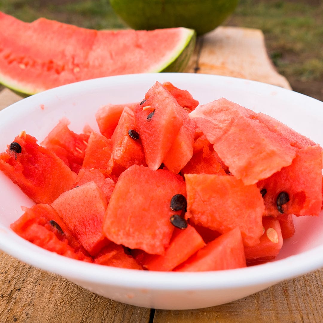 White bowl filled with bright red watermelon chunks containing black seeds, with a watermelon slice in the background. - Organic Watermelon Seeds — 'Congo' - Default Title - Back to the Roots