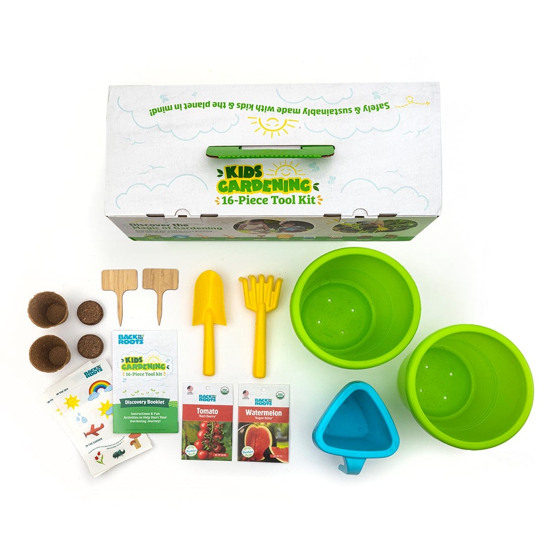 garden tool kit set Back to the Roots - Kids Gardening 16 Piece Kids Tool Kit - Includes Pots, Watering Can, Rake, Shovel, + More - Zero Waste Kit