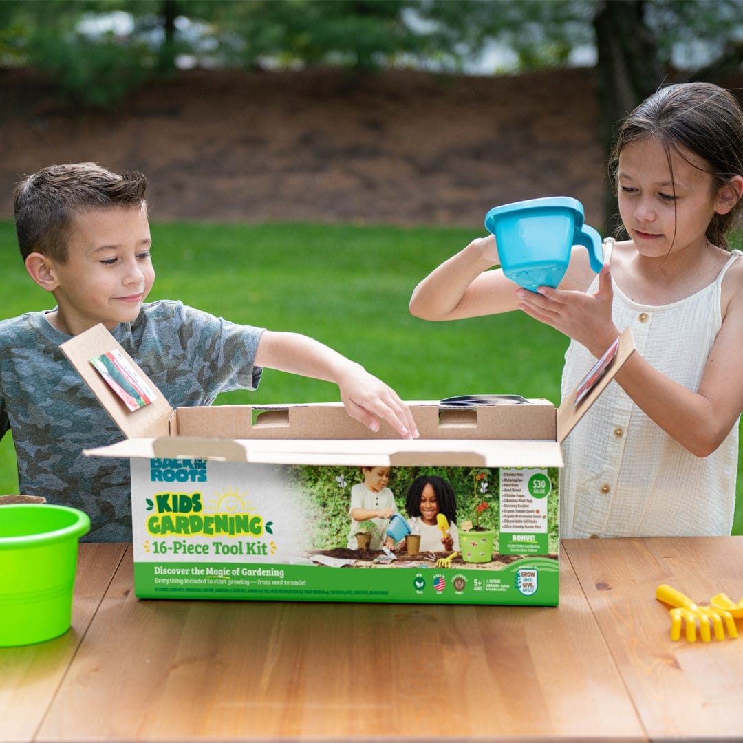 kids garden tool set Back to the Roots - Kids Gardening 16 Piece Kids Tool Kit - Includes Pots, Watering Can, Rake, Shovel, + More - Zero Waste Kit